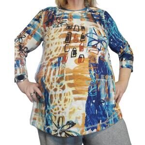Ali Miles Size L Abstract Blue Yellow Floral Scoop Neck Popover Tunic 3/4 Sleeve